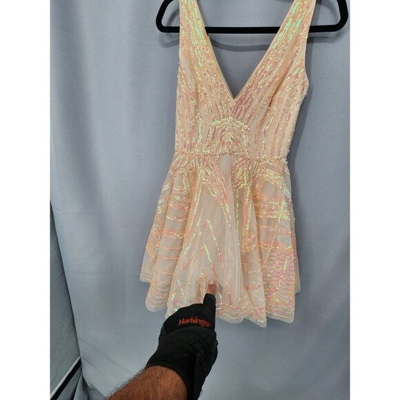 Bebe Mini Dress XS Peach Sequins Layered Mesh Coquette Hoco Ballerina Fairycore - Picture 15 of 16